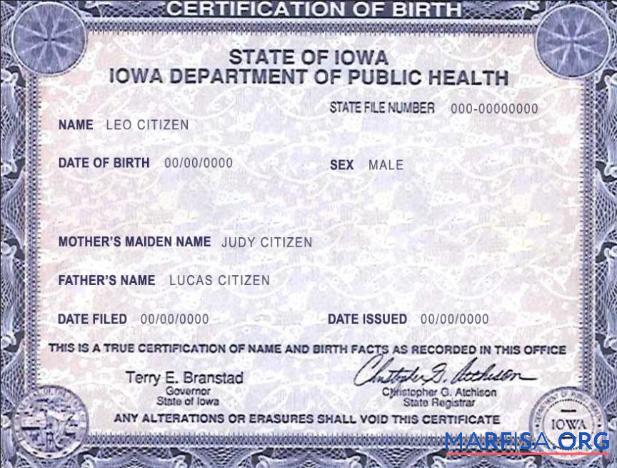 Realistic USA Iowa state birth certificate template in PSD format